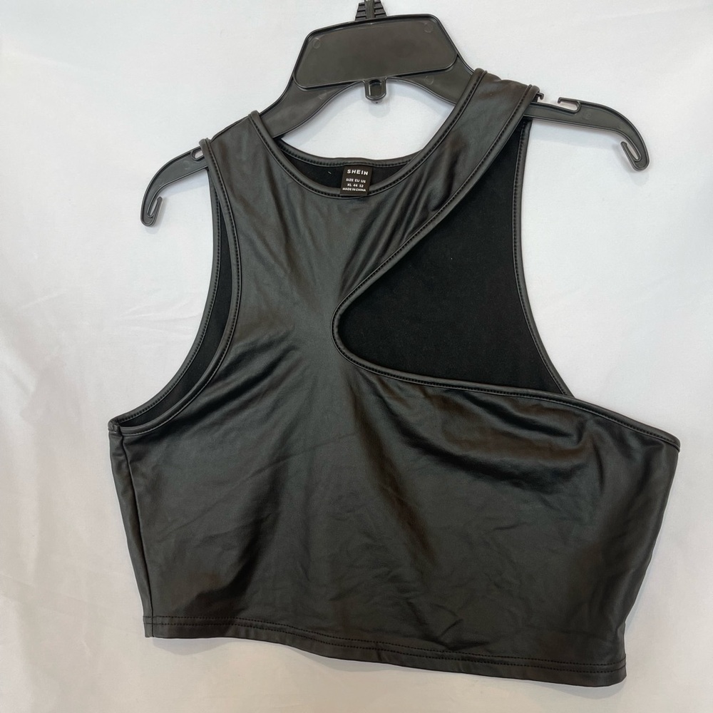 SHEIN Black Faux Leather ASYMMETRIC CUTOUT NECKLINE Cropped TANK TOP